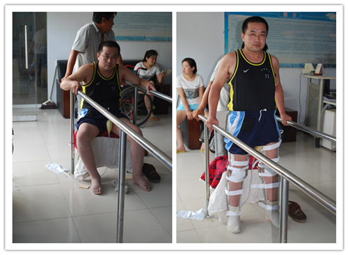 图为截瘫残疾人穿戴截瘫行走器前后对比