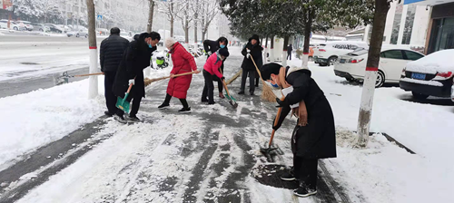 图为市残联班子带领党员干部对沿街道路开展扫雪除冰活动