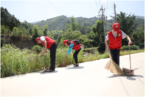 图为 市残联志愿者清理毛铺村道路两旁卫生