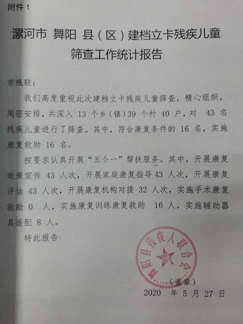图为舞阳县建档立卡残疾儿童筛查工作统计报告