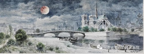 图为《风景之三 巴黎圣母院》水彩画